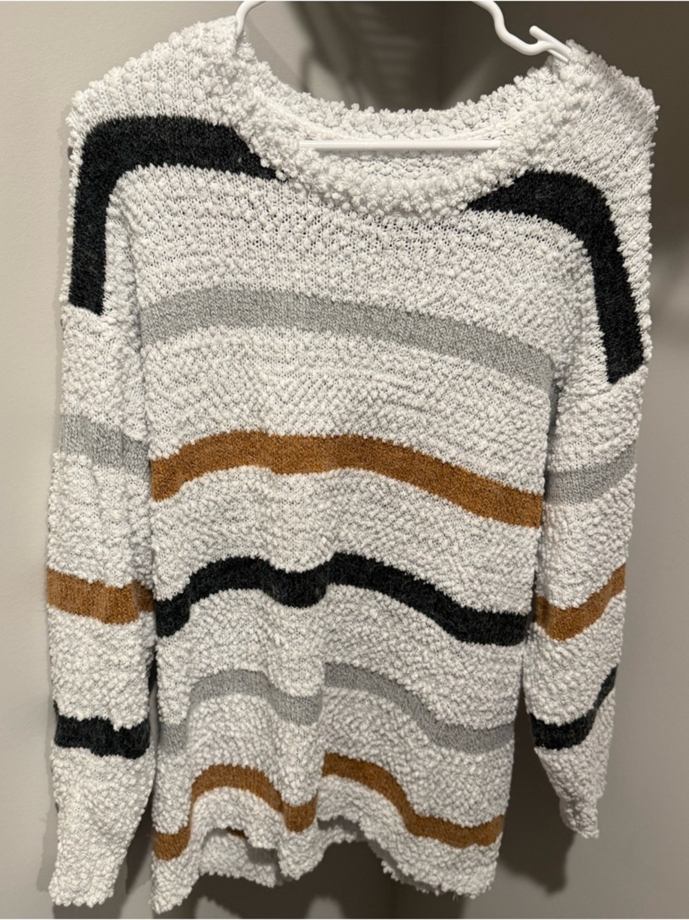 LOFT White Popcorn Knit Crewneck Sweater with Black, Gray & Brown Stripes